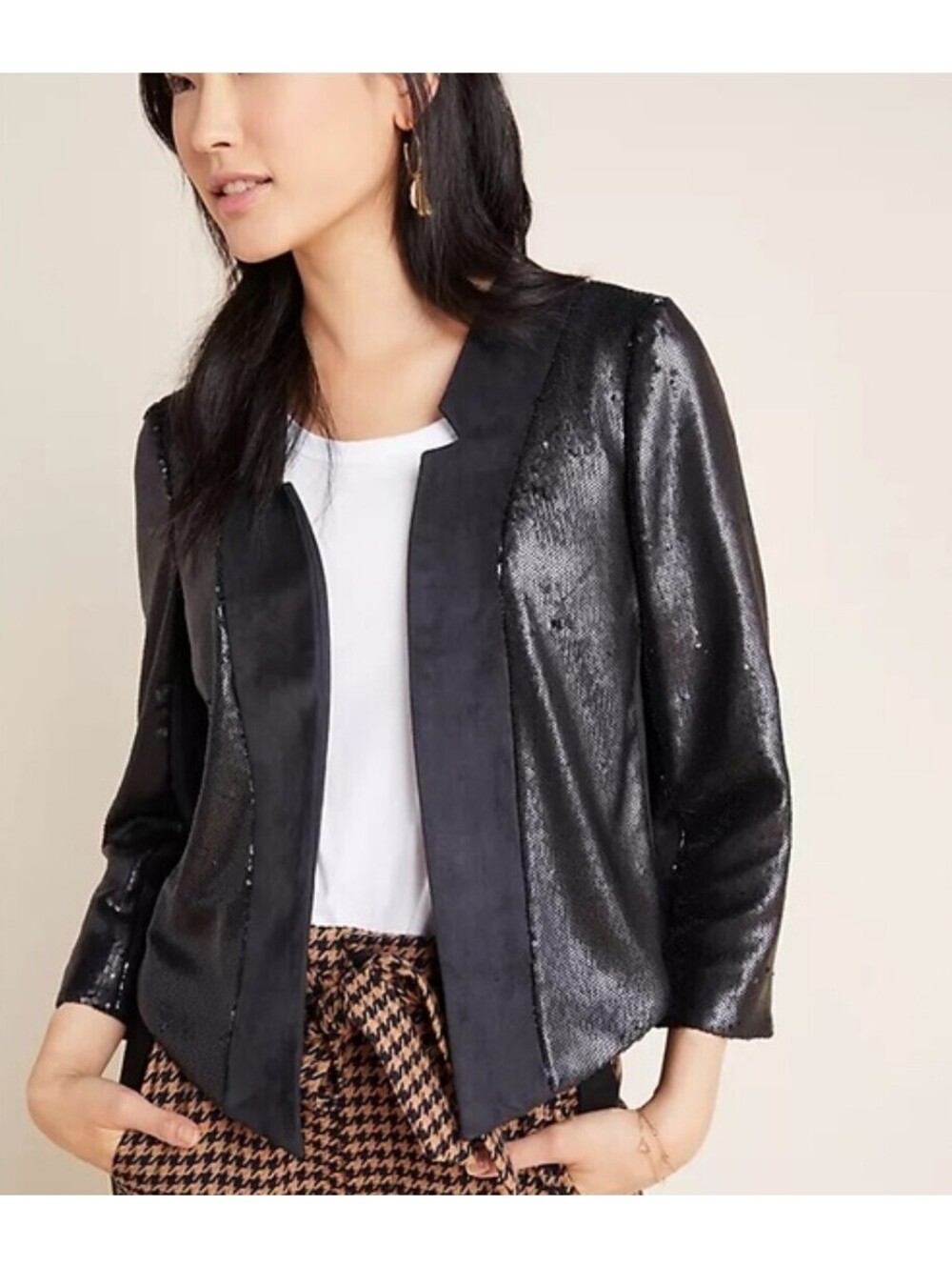 Anthropologie Cropped Jacket Women's Sz M Black Shonda Sequined Blazer NWT $178
